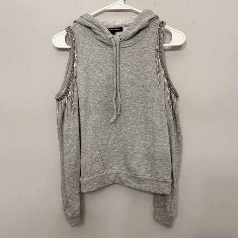 INC International Concepts Cold-Shoulder Fringe Hoodie Womens Small Grey Bling